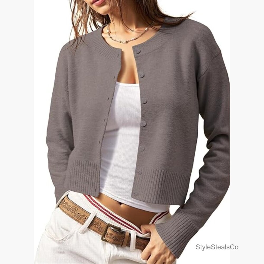 Cropped Knit Cardigan Sweater Slim Fit Long Sleeve Button Down Fall Layering